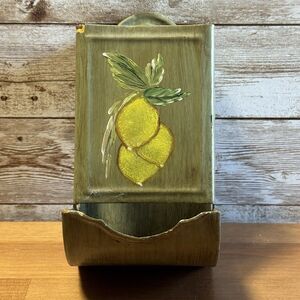 Vintage Metal Painted Lemons Wall Hanging Matchbox Match Holder Tobacciana